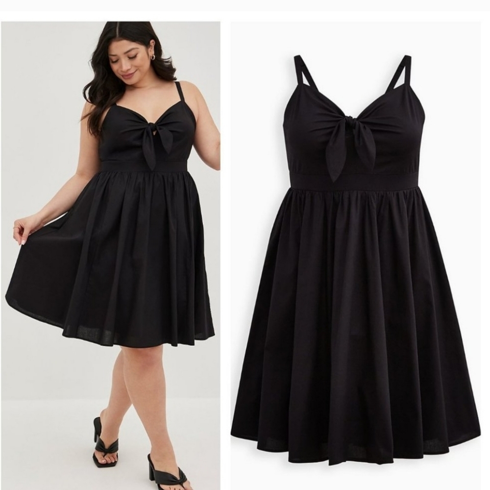 Black Poplin Tie-Front Skater Dress